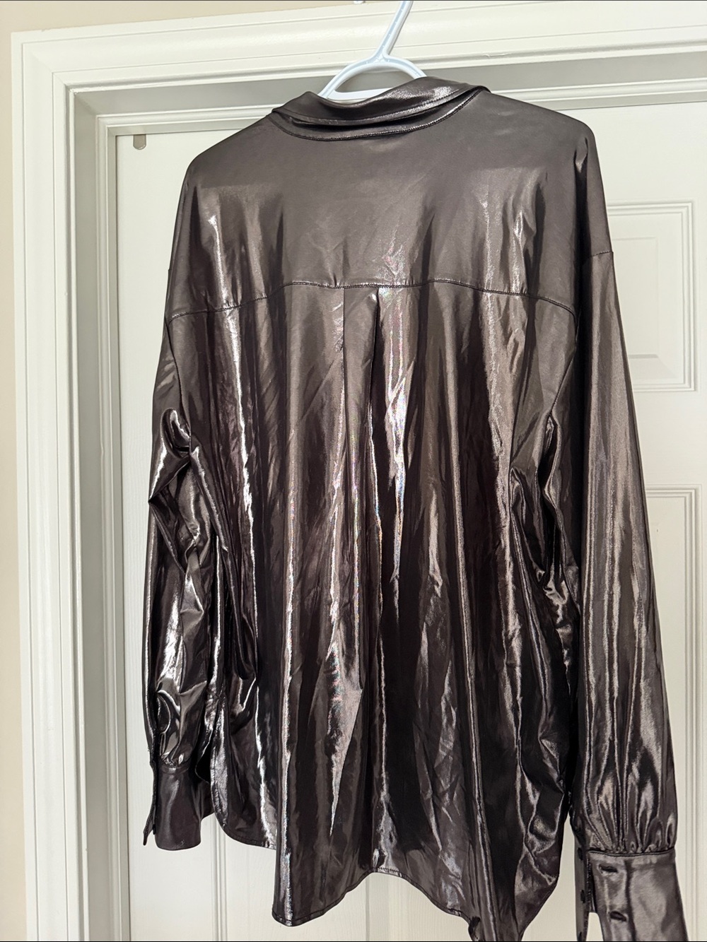 Anthropologie Shiny Metallic Black/Silver Button-Down Blouse - Picture 3 of 3